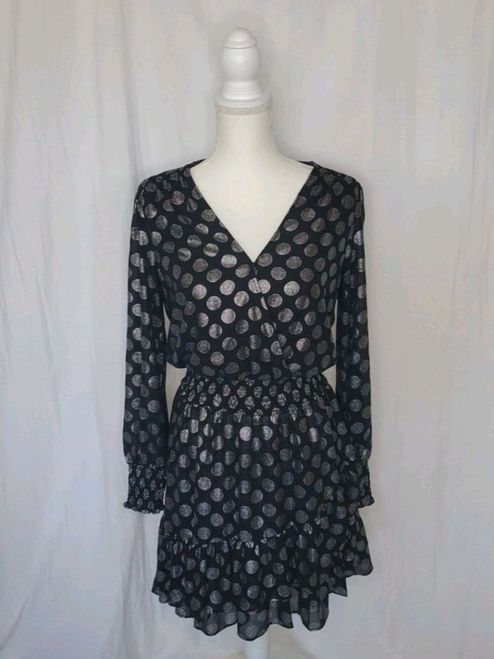 Michael Kors Black & Silver Polka Dot Surplice Long Sleeve Tiered Mini Dress M